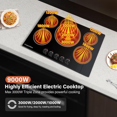 Image of 30 Inch Built-in Electric Cooktop with Expandable Triple Ring Burners, 5 Burner 9000W Ceramic Stove Top - Easy Knob Controls & Residual Heat Indicator (220-240V Hardwired)