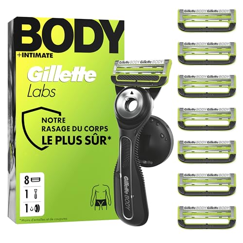 Gillette Labs Body + Intimate Rasoir Intime Homme Pour Le Rasage Du Corps Et Du Pubis, Cartouche De Lames Avec Une Barre Anti-Poils Incarnés Et Anti-Irritation, Manche Facile A Gripper, 8 Recharges