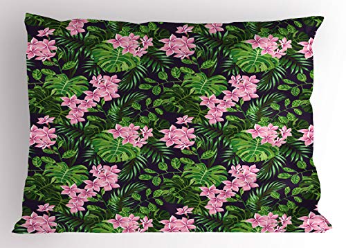 Lunarable Tropical Pillow Sham Set of 2, Composition of Floral Patterns and Exotic Palm Leaves Drawings, Quality Microfiber Bedding Item for All Seasons, 26