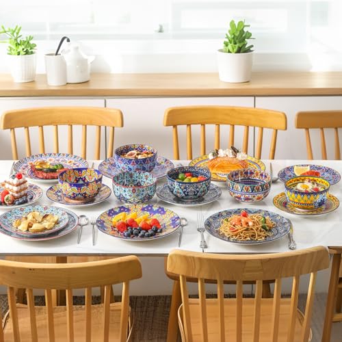 HASENSE 18 Pieces Kitchen Dinnerware Sets Service for 6, Bohemian Style Plates and Bowls Set, Ceramic Vintage Tableware Dishes Set, Scratch Resistant Microwave and Dishwasher Safe, Assorted Color HASENSE 18 Pieces Kitchen Dinnerware Sets Service for 6, Bohemian Style Plates and Bowls Set, Ceramic Vintage Tableware Dishes Set, Scratch Resistant Microwave and Dishwasher Safe, Assorted Color