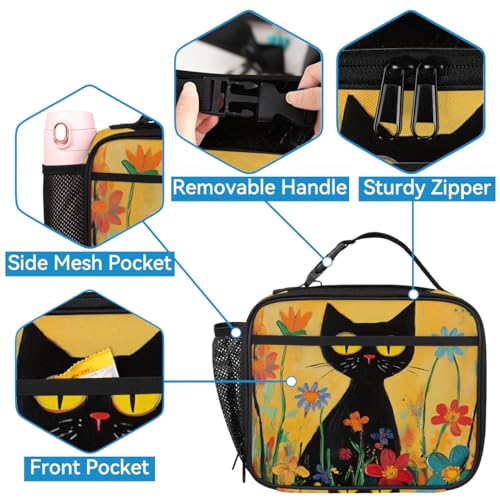 TropicalLife Boho Flower Cat Backpack with Lunch Box Set, Back Pack and Lunch Bag Boho Flower Cat Waterproof Casual Daypack Bag for Work Travel3