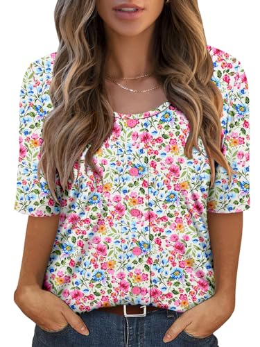 ONLYSHE Summer Blouses Womens Loose Tops Plus Size Short Sleeve Shirts Buttons Up Tunic White Pink 3XL