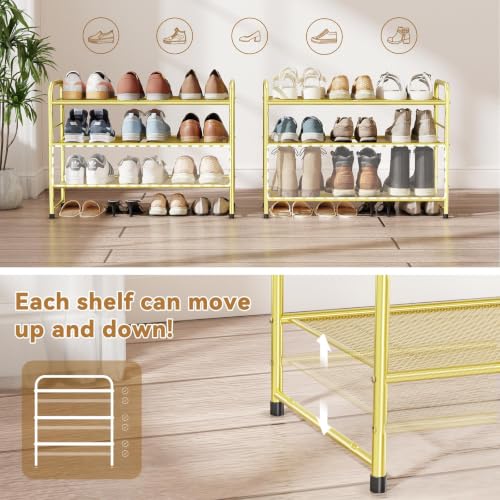 Image of Modern Shoe Rack, 3 Tier Heavy Duty Metal Mesh Shoe Shelf 27 Inch Wide, Gold