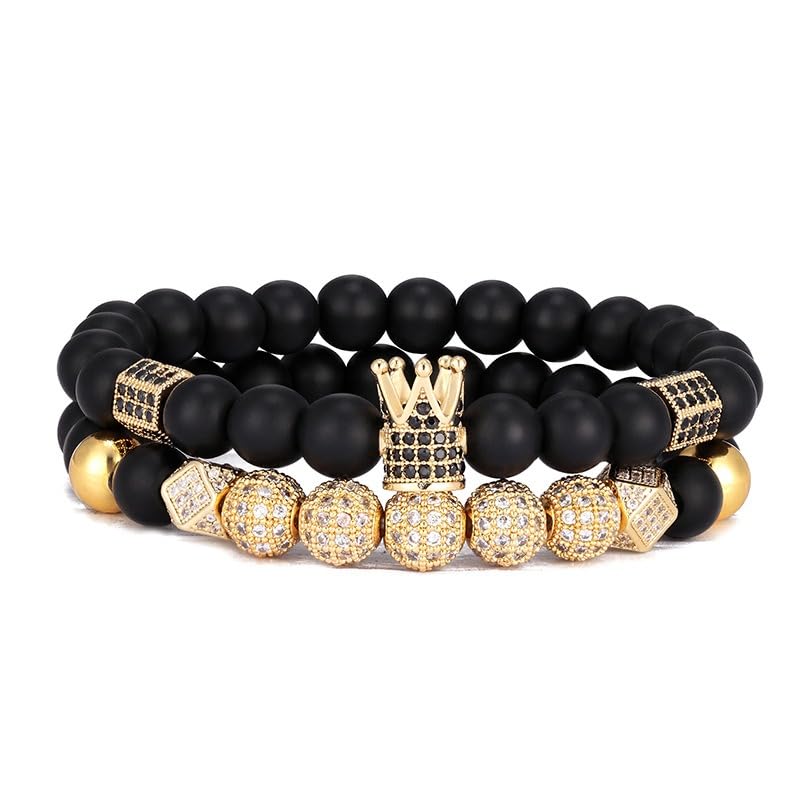 TIMFROZ Mens Beaded Bracelets Crown King Bracelet Black Matte Onyx Stone Beads Wristband Fathers Day Birthday Jewelry Women