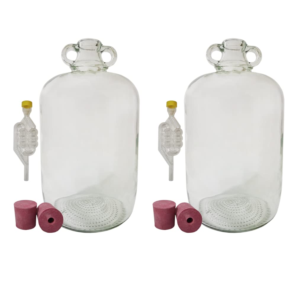 Glass Demijohn 4.5 Litre Carboy Demi-John 1 Gallon - fermenter Vessel for Cider Wine Storage - DIAH (2 x Glass Demijohn +Bungs +Airlock)