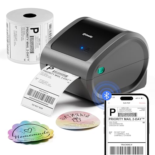 Image of Bluetooth Shipping Label Printer with 1 Roll Labels - D520BT Thermal Label Printer, Thermal Printers with Built-in Label Holder, Come with 500PCS 4x6 White Labels (500 Labels /Roll)