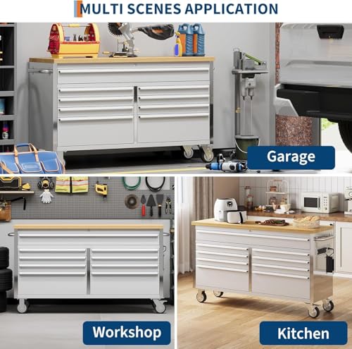 Image of 61 inch Rolling Tool Chest, Garage Workbench with 9 Drawers, Solid Rubber Wood Workbench Top, Power Strip, Locking Wheels and Key Lock, Mobile Garage Tool Cabinet for Workshop Storage, Silver