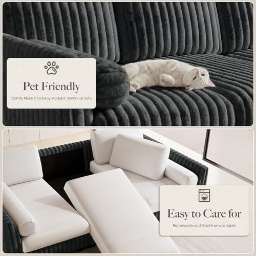 Image of Belffin Oversized Cloud Deep Seat Sectional Sleeper Sofa Bed Corduroy Couch. Grey Couch