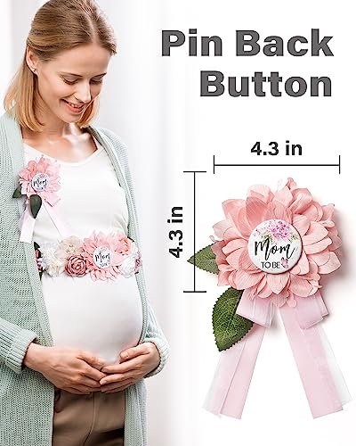 BumpPetal Flower Sash Set - Baby Shower Mom to Be Daddy to Be Corsage Pin - Flower Belt for Maternity Dress - Pregnancy Photo Props Supplies (Barbie Pink)2