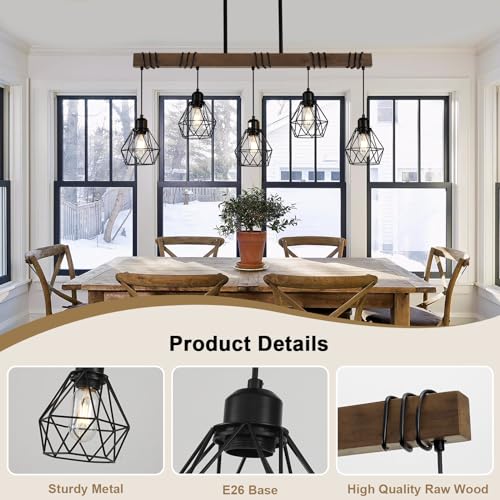 5-Light Kitchen Island Lighting Hanging for Farmhouse Linear Chandeliers,Dining Room Light Fixture/Chandelier Over Table,Matte Black Rustic Wood Ceiling Pendant Light Fixtures with Metal lampshade