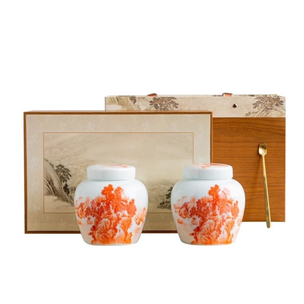 Cukierniczka Ceramiczny pojemnik do przechowywania herbaty luzem Jar Przyprawy kuchenne Zapieczętowany słoik Chiński zestaw do herbaty Podwójny zestaw prezentowy puszka na herbatę(Double can(red))