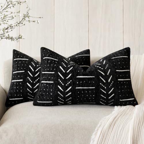 Image of Foindtower Set of 2 Decorative Chenille Jacquard Throw Pillow Covers Textured Farmhouse Lumbar Cushion Covers Neutral Boho Accent Home Decor for Sofa Chair Couch Bedroom Living Room,12x20 Inch,Black