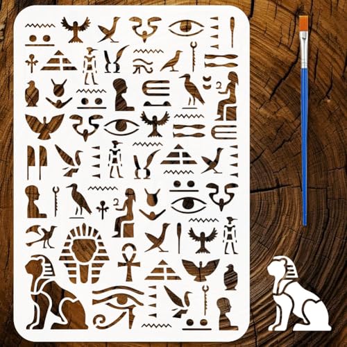 FINGERINSPIRE Pochoirs de Motifs Égyptiens avec un Pinceau 29,7x21cm Pochoirs de Peinture de Symboles Égyptiens Pochoir Égypte PET Thèmes Égypte Gabarit...
