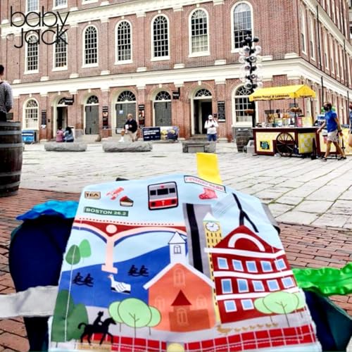 Image of Baby Jack & Co 8x8 inch Learning Lovey Boston Massachusetts Tag Toys for Babies - Baby Crinkle Toys - Soft & Safe - Learn USA Cities and Shapes - Ideal Baby Toy & Gift BPA Free w /Stroller Clip