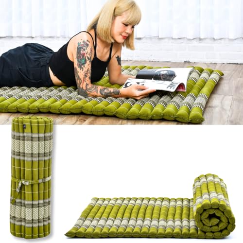 Leewadee Esterilla de Kapok – Colchón Plegable Artesanal de Tailandia, Ideal como Cama supletoria, colchoneta de Camping, Esterilla de Yoga o futón Tradicional, 190 x 100 cm, Verde