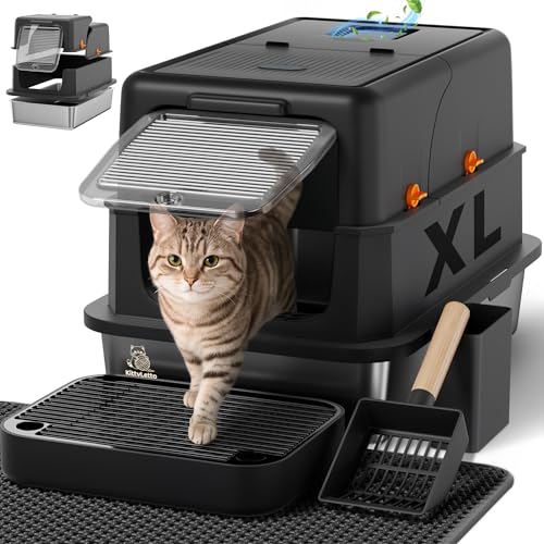 Image of Stainless Steel Litter Box with Lid - XL Enclosed Litter Box for Cats with Collecting Mat - 4 Way Setup Fully Closed, Semi Low, High & Open Kitty Boxes, Leak Proof Metal LitterBox (Black)