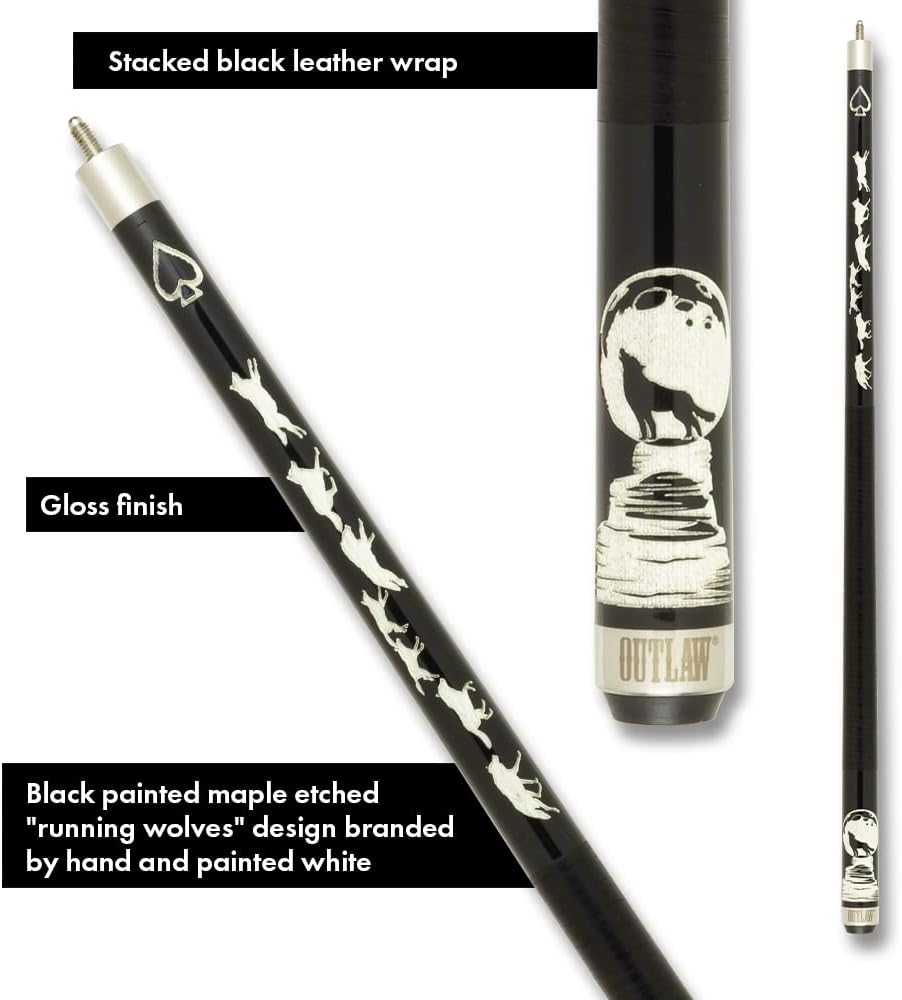 Outlaw OL58 Thunder Pool Cue - Black Stained Maple with Running Wolves and Wolf Howling at The Moon Painted in White (18 Ounce)