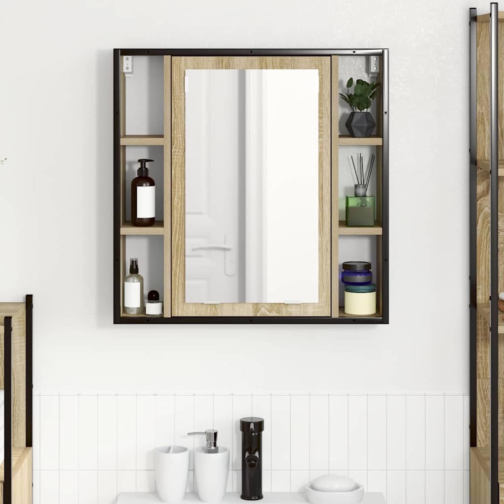 Armario con espejo de roble Sonoma, 60 x 16 x 60 cm, material de madera con espejo plano y 5 estantes, montaje en pared, espacio de almacenamiento para baño, lavadero, aseo de invitados
