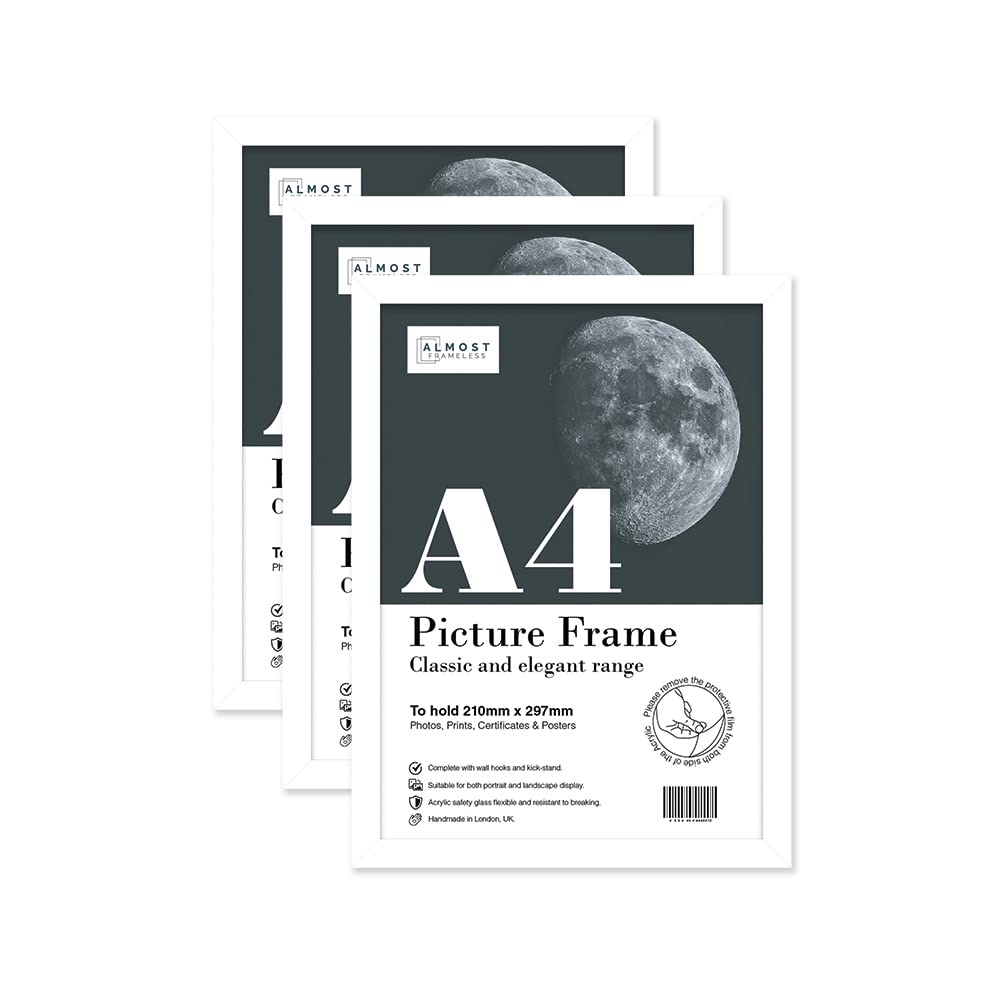 Almost Frameless A4 White Picture Frame Set of 3, Display A4 Picture Gallery Wall, Poster, Photo, Artwork, or Print, White