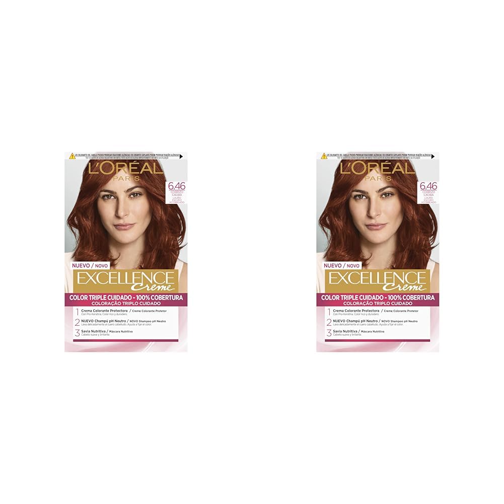 L'Oreal Paris Excellence Creme Tinte, Tono 6.46 Rubio Oscuro Cobrizo Caoba, 1 Unidad (Paquete de 2)