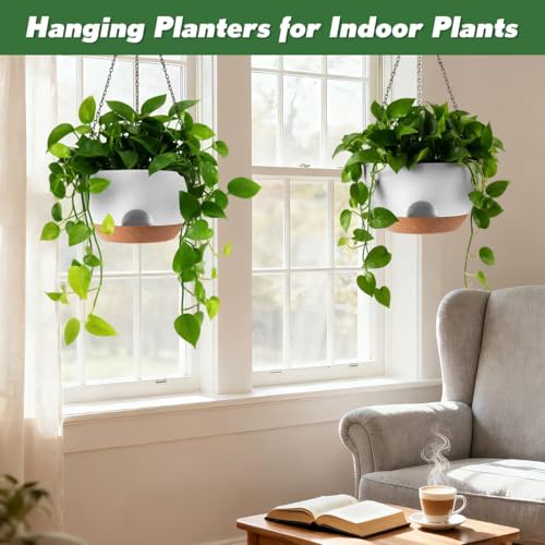 WUCEIAUU 4-Piece Set of 8-Inch Hanging Planters with Automatic Watering System and Drip Tray, Includes Metal Chain, Suitable for Various Indoor and Outdoor Plants and Flowers, White Brown by WUCEIAUU - Used condition - Image 4