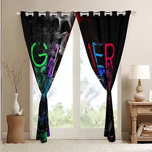 Gamer Window Curtains For Boys, Gaming Curtains Sets, Gamer Room Decor Kids Video Games Window Drapes, Sugar Skull Gamepad Window Treatments For Teen Men Bedroom Living Room Decor 2 Panels 84"X63" #TOP4