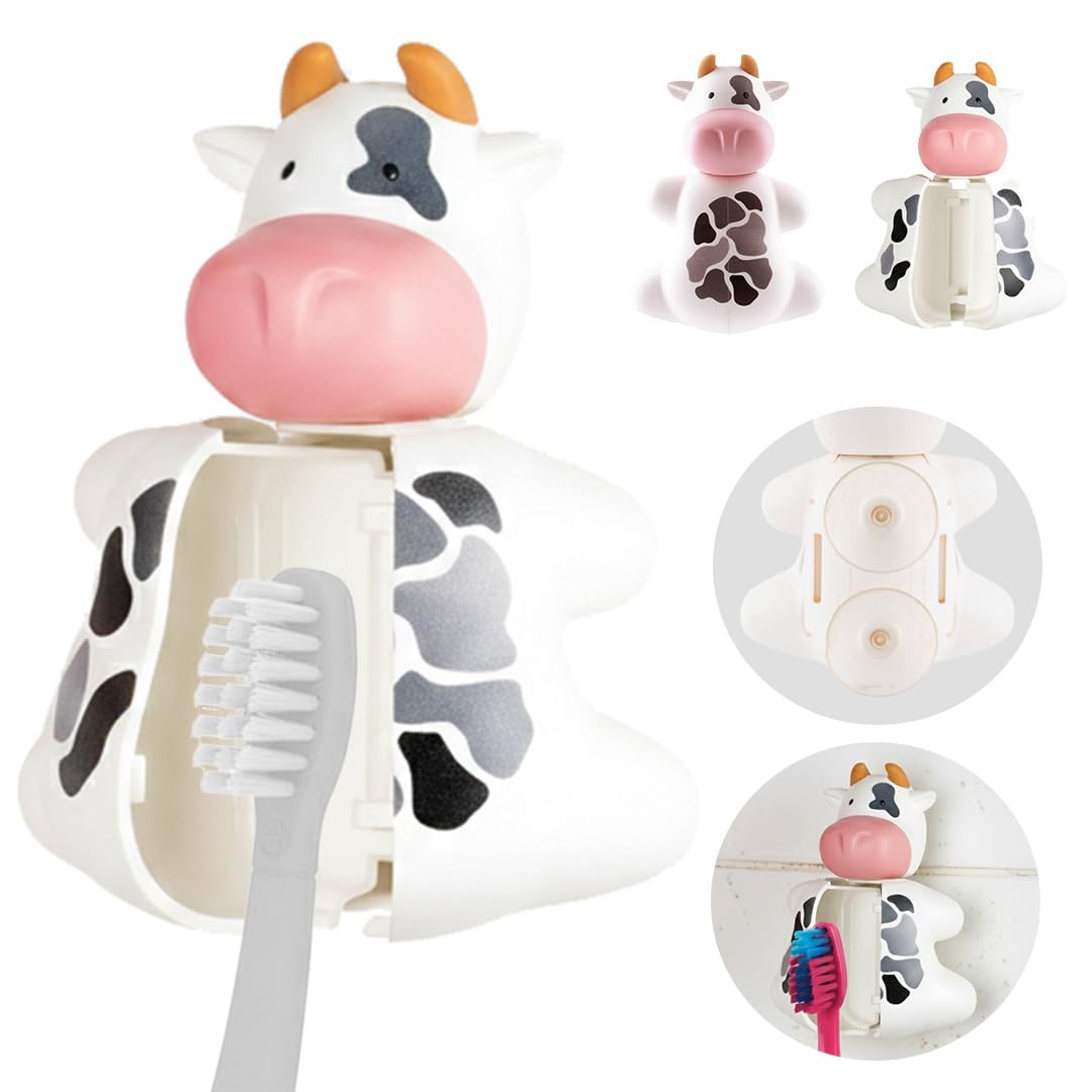 Flipper Fun Animal Cow Toothbrush Cover – Kids Toothbrush Holder with Cover – Toothbrush Holders for Bathrooms - Suction Cup Toothbrush Holder