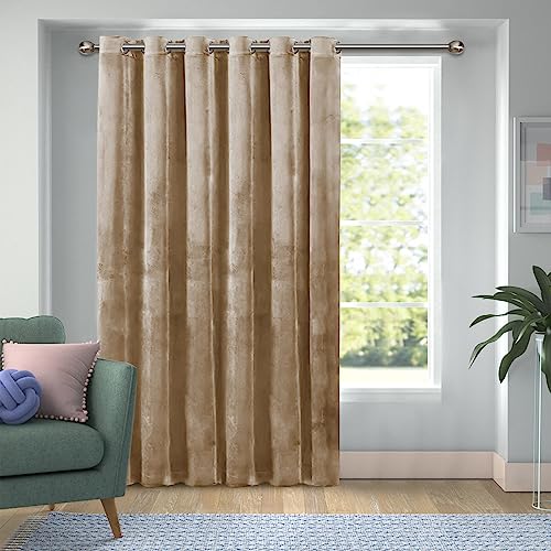 Yorkshire Bedding Blackout Eyelet Velvet Curtains for Bedroom Beige Curtain 66x84 Inch Super Soft Thermal Insulated Curtains for Living Room Single Panel Curtain with Tie Back