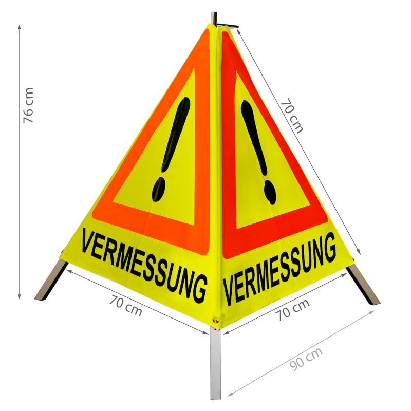 Warnpyramide/Faltsignal - VERMESSUNG - VZ101Ausrufezeichen (2 - tagesleuchtend gelb, 70 cm schwer mit Federmechanismus)