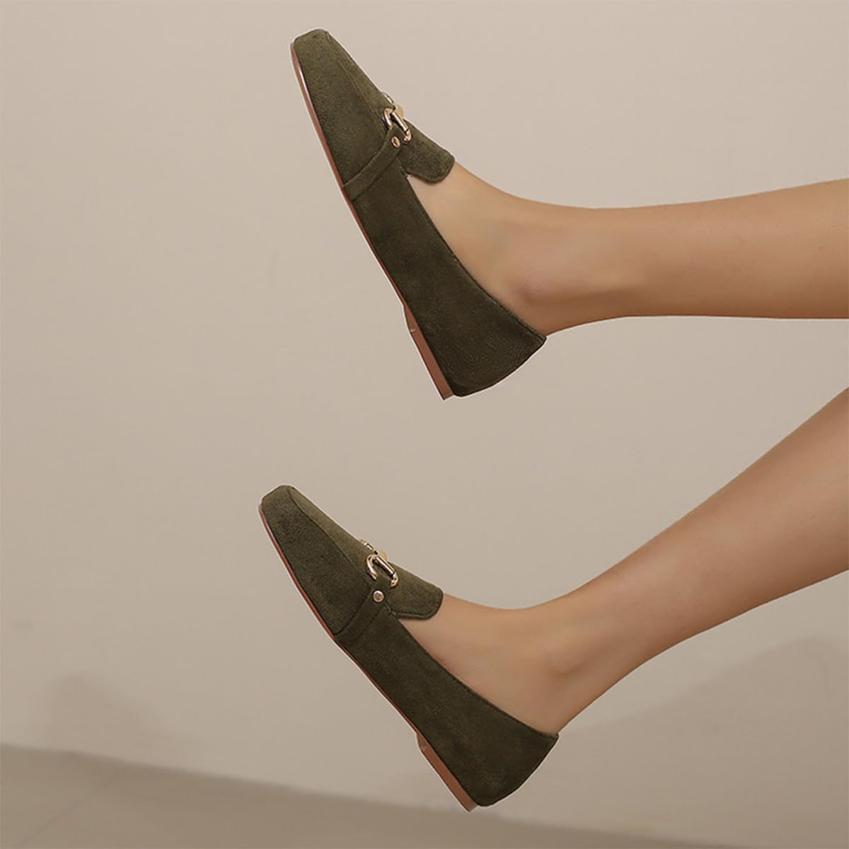 Mocasines Mujer Ante Punta Cuadrada Planos Sin Cordones