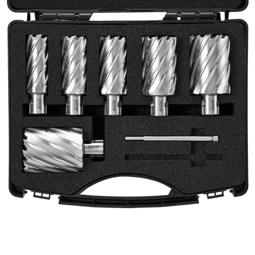 Image of VEVOR Annular Cutter Set, 6 pcs Universal Shank Mag Drill Bits, 2" Cutting Depth, 1" to 2" Cutting Diameter, M2AL High-Speed Steel, with 2 Pilot Pins and Portable Case, for Using with Magnetic Drills