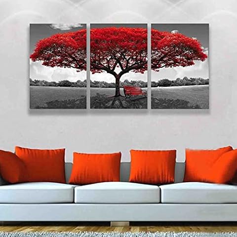 Large Red Tree Canvas Wall Art 3 pieces Black White Landscape Pictre Prints Abstract Modern Tree Wall Decor for Livingroom Bedroom Home Office 16x24inchx3 Cover