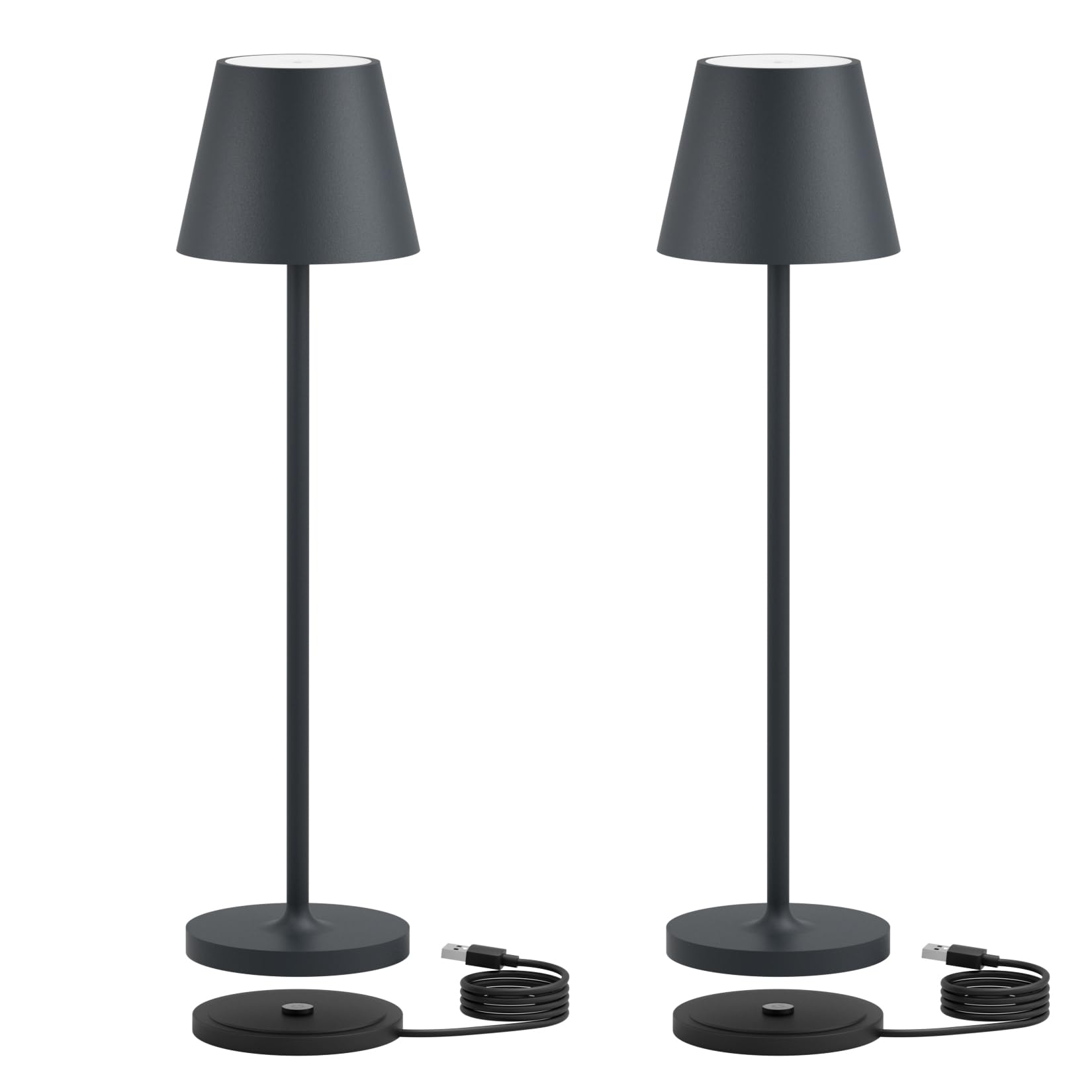 K-Bright 2 pezzi mini Lampada LED Dimmerabile da tavolo, H27.5cm，Ricaricabile Colore luce calda, piccolo Lampada da tavolo con base di ricarica a contatto (Antracite)