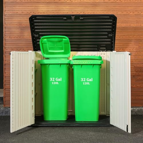 Image of HOMSPARK Storage Shed Weather Resistance, Multi-Purpose Outdoor Storage Cabinet for Backyards and Patios, 26 Cu.ft Capacity Horizontal Storage Shed for Bike, Lawnmower, Trash Cans, Patio Accessories