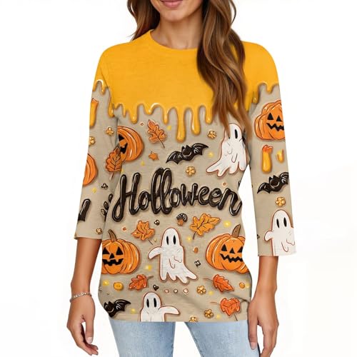 Halloween Shirts for Women 3/4 Sleeve Plus Size Crewneck Loose Fit Cute T Shirt Halloween Costumes for Women 2025