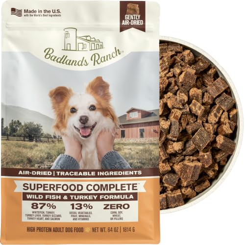 Image of BADLANDS RANCH Air-Dried Fish & Turkey Dog Food, 87% Meat, 64 oz | Includes organs & salmon; kibble topper or alternative; adult & senior dogs; no corn, wheat, soy or fillers