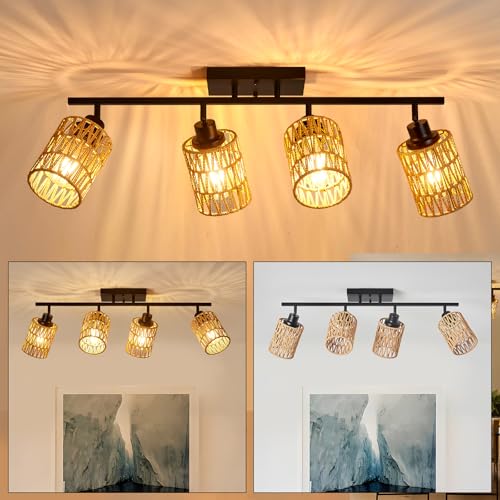 AIBISOD 4 Light E26 Track Lighting Fixtures Ceiling Rattan Farmhouse Boho Ceiling Track Lighting, Directional Rotatable Modern Track Ceiling Light Fixtures for Kitchen Bedroom Hallway Porch Foyer by AIBISOD - Used condition - US$49.41