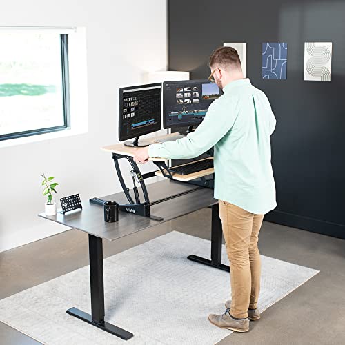Image of VIVO Real Bamboo 42 inch Standing Desk Converter, DESK-V000VLO | Height Adjustable, Stand Up Desk Riser, Wide Keyboard Tray, Dual Monitor and Laptop Workstation, Black Frame, V Series