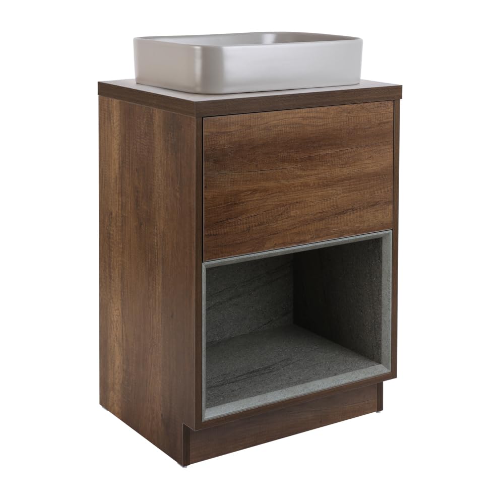 Milano Dark Oak Unit / Pebble Basin Bexley Dark Oak 600Mm Led Lit Bathroom Vanity Unit Rectangular Pebble Countertop Basin