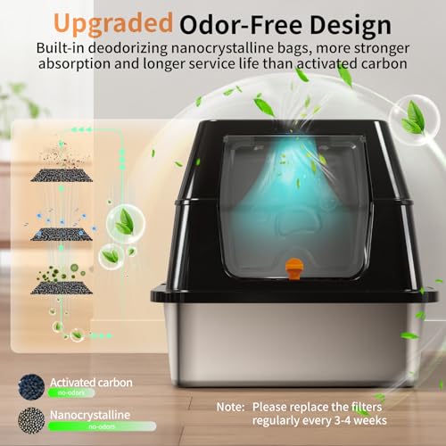 Image of Stainless Steel Cat Litter Box with Lid, 180 Flip-Top XL Extra Large Enclosed Litter Box, Covered Metal High Sided Litter Pan with Steps & Scoop, Easy Cleaning, Odor Control,Non-Sticky-Black