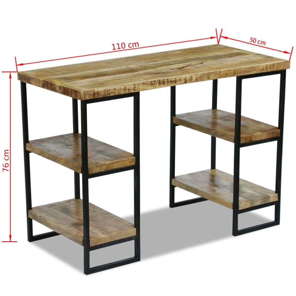Scrivania industriale in legno di mango massiccio con struttura in acciaio, 110 x 50 x 76 cm, scrivania per computer con due scomparti per lato per libri e blocchi appunti