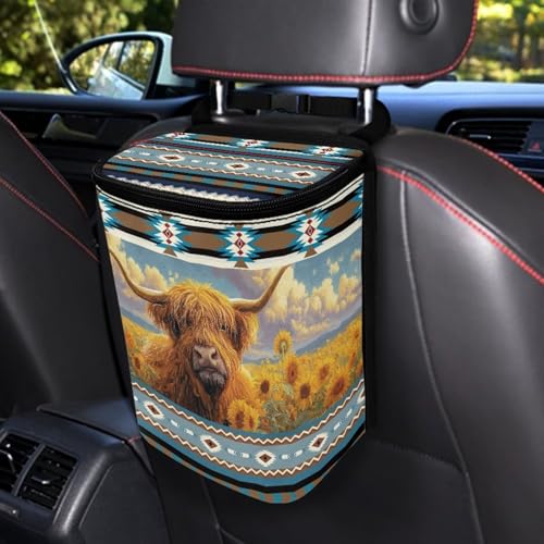 Image of Talayituse Aztec Highland Cattle American Tribal Print Car Trash Can, Auto Garbage Bin with Adjustable Straps, Foldable Car Trash Bin Hanging Storage Organizer Bag Container for Camping Picnic