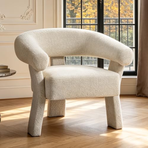 ANJ Modern Barrel Accent Chair, Chenille Armchair with Solid Wood Legs