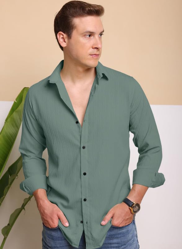 Image of Macsivo Men's Popcorn Shirt with Spread Collared Long Sleeve Button Down Closure Curved Hem Length | Linen Shirt for Man