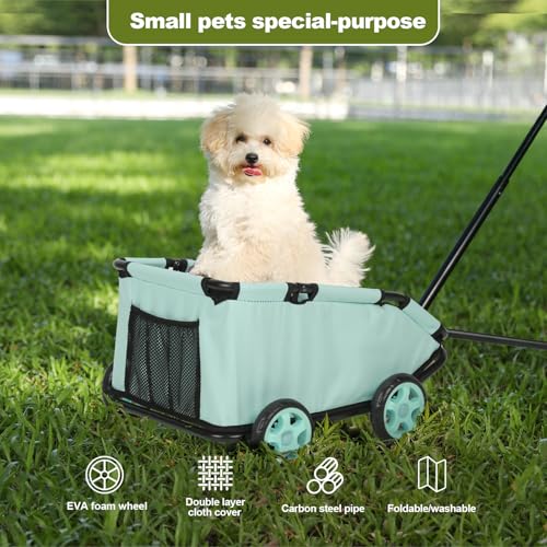 Mini-Hundewagen für Mini-Haustiere, Faltbarer multifunktionaler Einkaufswagen mit ausziehbarem Ziehgriff Im Freien, Wagon eingebautem Kissen und Sicherheitsseil mit Aufbewahrungstasche (Blaugrün)