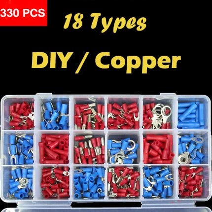 Davitu 330pcs Assorted Insulated Terminals 18 Types Copper Wire Crimp Connectors Kit Ring Spade Terminals