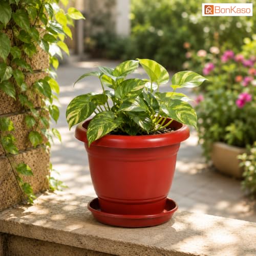 Image of Bonkaso 8 Inch Plant Pots with Drainage Plate (Set of 12, Red) | Heavy Duty Plastic Flower Pots for Indoor & Outdoor Plants | UV Resistant Garden Pots for Balcony, Terrace, Home & Nursery