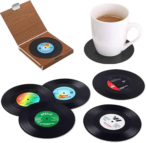 ONFAMICO Juego de 6 posavasos de disco de vinilo vintage, con soporte para reproductor de vinilo, caja de regalo, decoración de música retro para