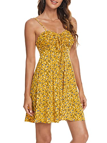 Image of Missufe Spaghetti Strap Floral Mini Dress Women's Casual Ruched Front Drawstring Swing Sundress
