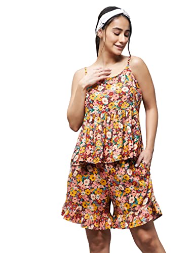 Image of Miss Chase Women's Multicolour Round Neck Sleeveless Floral Ruffled Hem Short Top & Shorts Sets